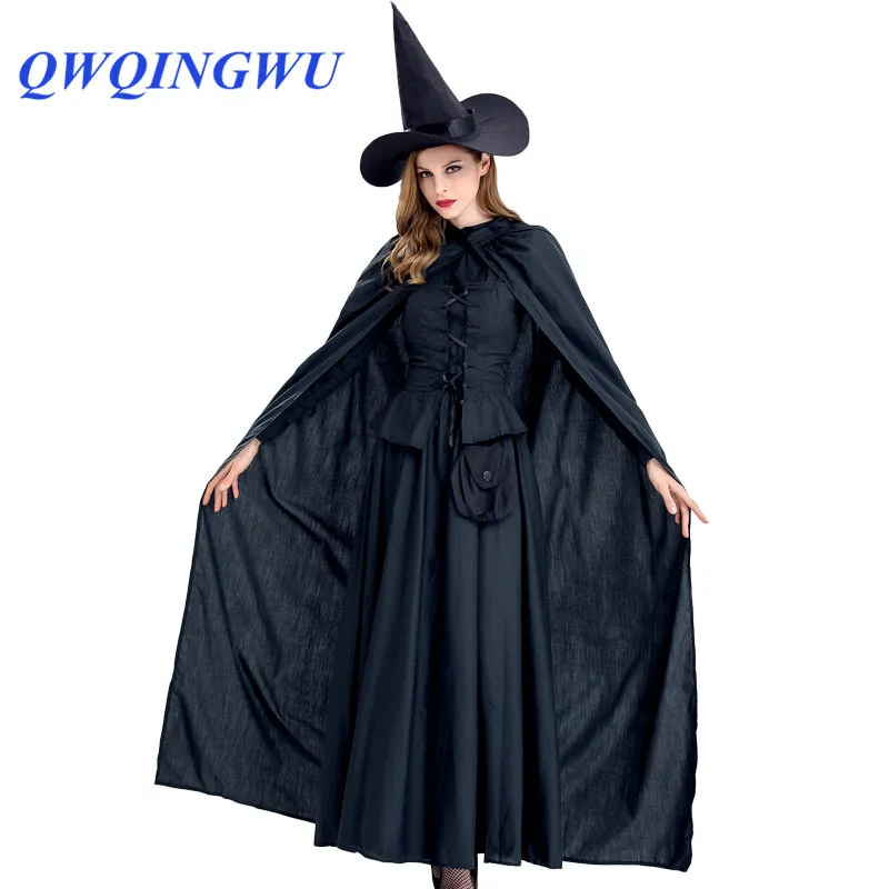Halloween взрослых ведьма длинные черные Хэллоуин плащи капюшоном и Накидки костюмы