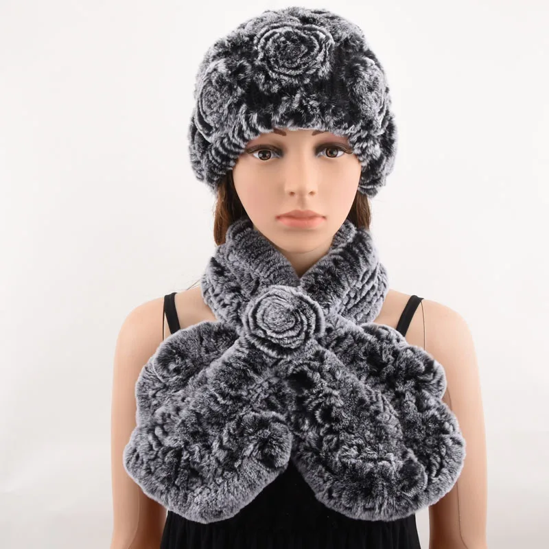 

2 piece real fur hat and scarf set women's warm winter soft natural rex rabbit cap Handmade Knitted scarves best gift