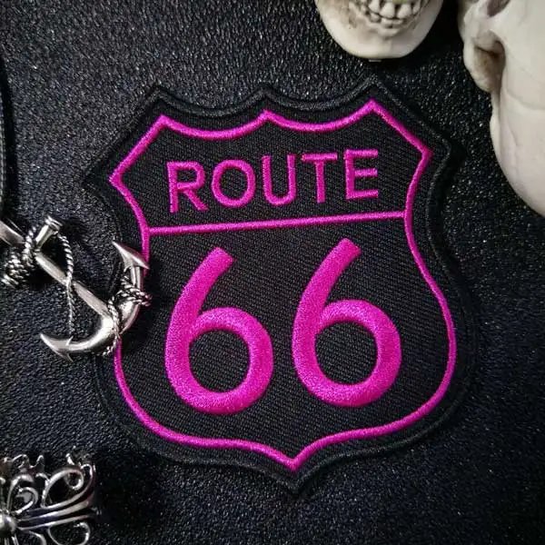 Route 66 утюг на патч вышитая аппликация Швейные Этикетка панк байкер патчи Одежда Наклейки Аксессуары для одежды знак - Цвет: rose red on black