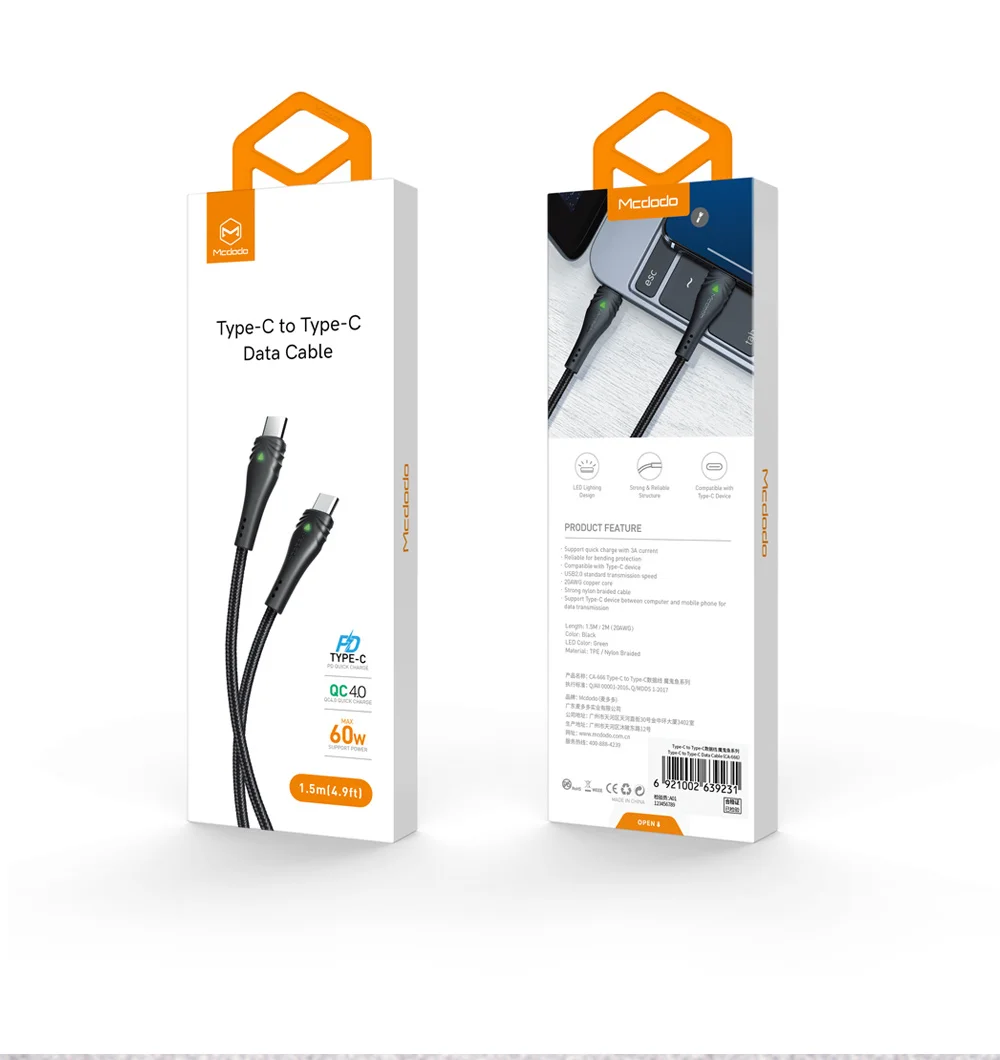 Mcdodo usb type C кабель для USB C для samsung huawei Xiaomi pro ноутбук macbook телефон PD QC4.0 светодиодный кабель для быстрой зарядки и передачи данных