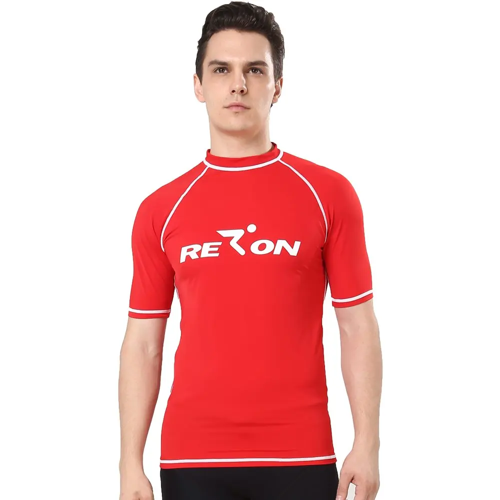 short sleeves Red REALON, короткие рукава, Рашгард UPF50+, Солнцезащитная рубашка, Рашгард, купальник, подводное плавание, базовая кожа, для серфинга, плавания, езды на велосипеде, футболки, пляж - Цвет: short sleeves Red