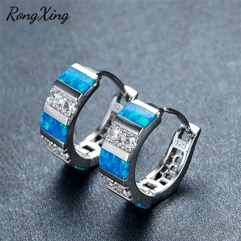 Женские серьги кольца RongXing серебристые синие/белые огненный опал модные