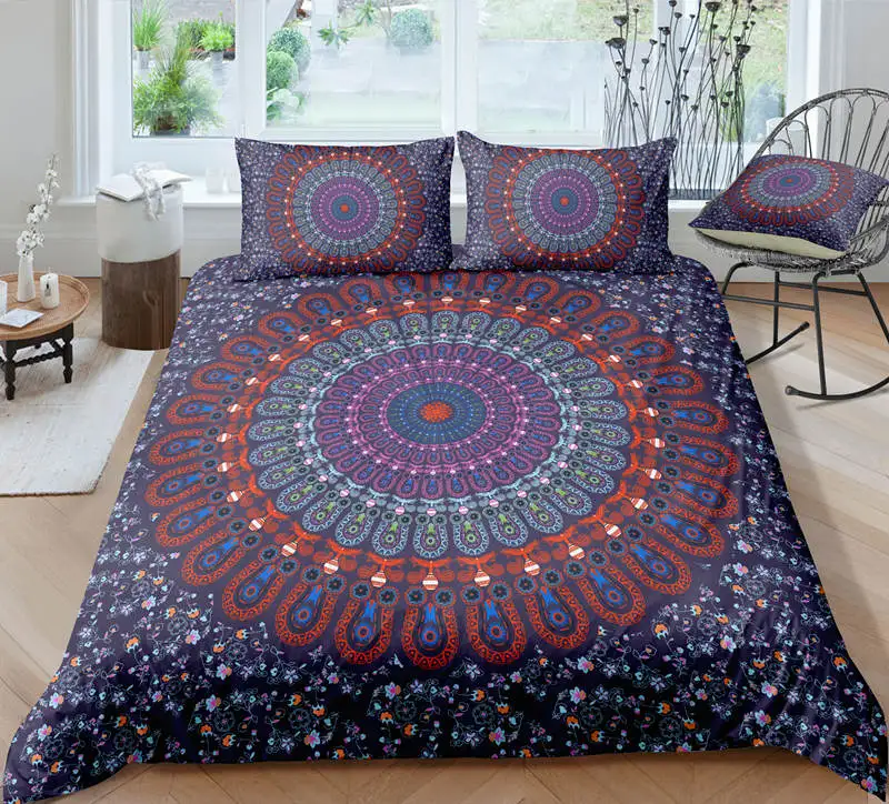 3D Bohemian Bedding Set Floral Paisley Pattern Duvet Cover Set Sky Blue Mandala Bedspread