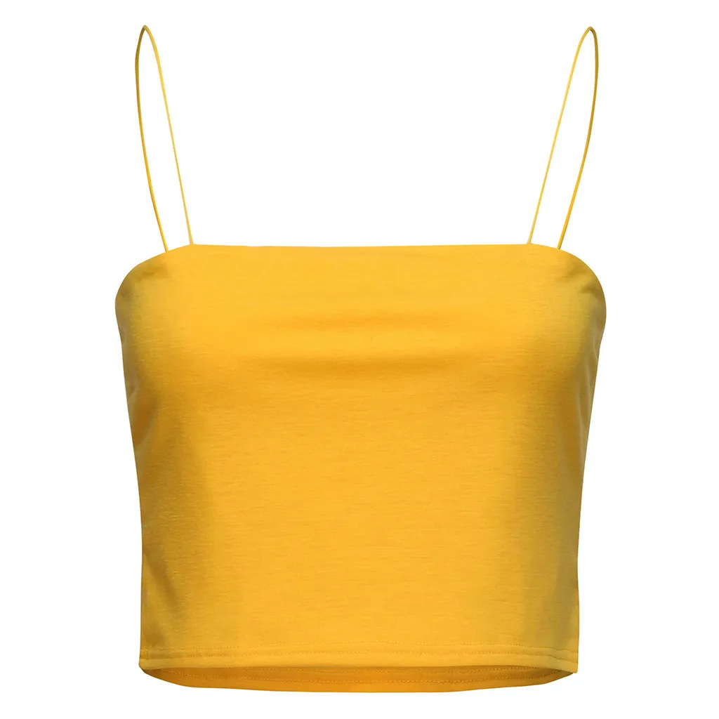 yellow Летние сексуальные короткие топы для женщин, тонкие лямки, модные, без рукавов, одноцветные, пляжные майки, майка, короткая футболка, тонкие, обтягивающие, Feminino - Цвет: yellow