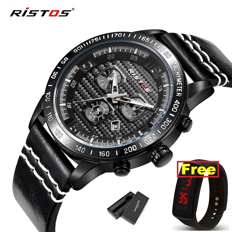 Спортивные экстремальные модные кварцевые часы RISTOS мужские из натуральной кожи