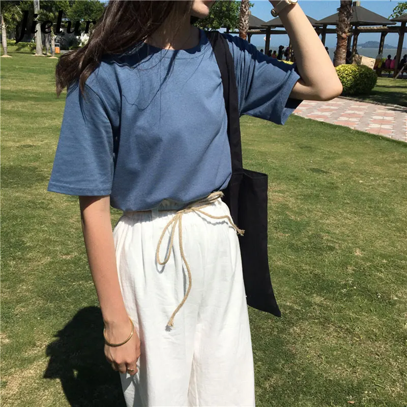 Vintage blue Jielur футболка 15 однотонная Базовая футболка женская повседневная с круглым вырезом Harajuku летний топ корейский хипстер белая футболка S-XL Прямая поставка - Цвет: Vintage blue