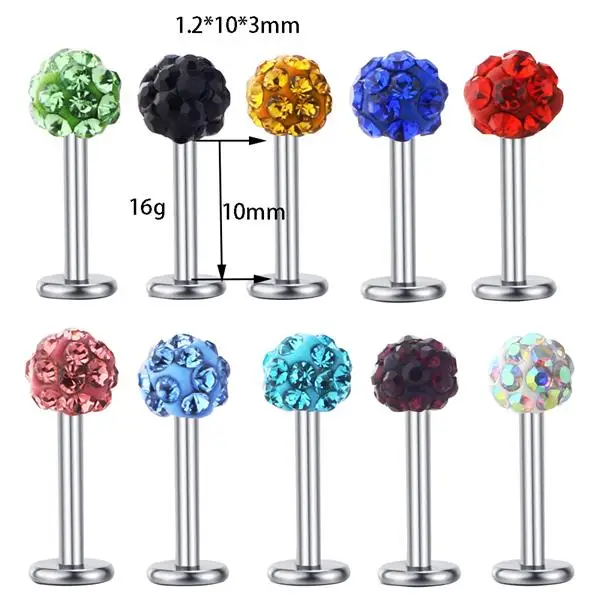 1.2x10x3mm JUNLOWPY 1 шт. 316L сталь хрустальный шар Лабрет Стад губ кольцо для козелка пирсинг для хрящевой части уха серьги тела пирсинг спираль штанги бар - Окраска металла: 1.2x10x3mm