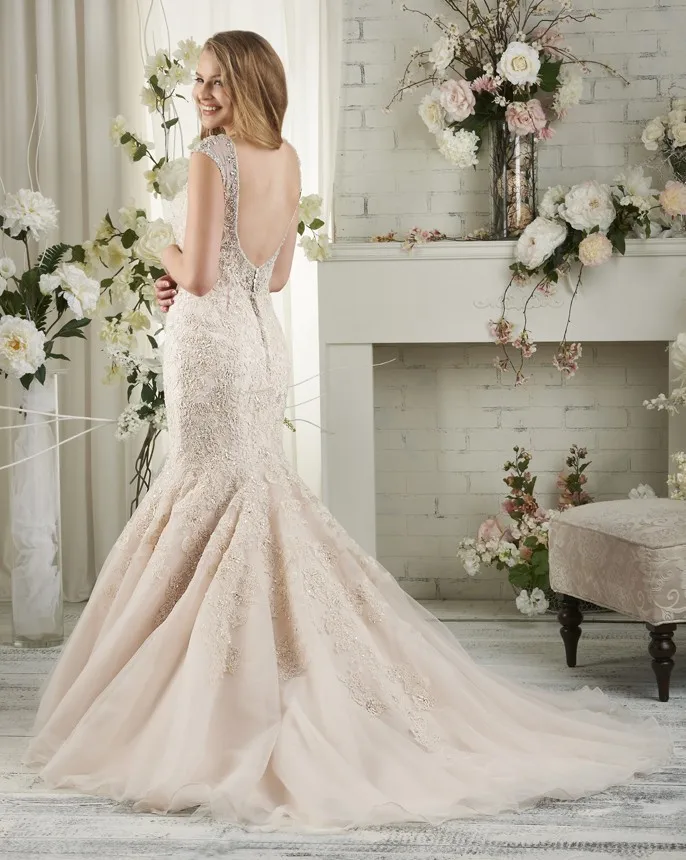 fashion romantic champagne wedding dress 2016 backless mermaid appliques lace bridal marry gown for party vestido noiva | Свадьбы и