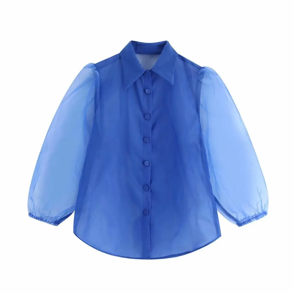 Женская блузка с рукавами фонариками Flabbit прозрачная из органзы однобортная