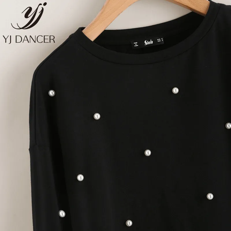 Женский свитшот с длинным рукавом и бусинами черный элегантный пуловер 2 в 1 осень