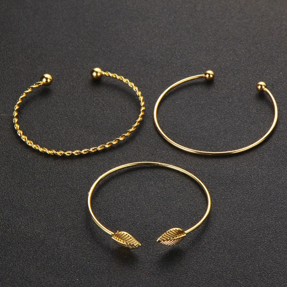 3 Pcs/set Fashion Round Leaves Spiral Bangles Women Pretty Girl Punk Style Charm Bracelet Set Jewelry Statement Gift | Украшения и