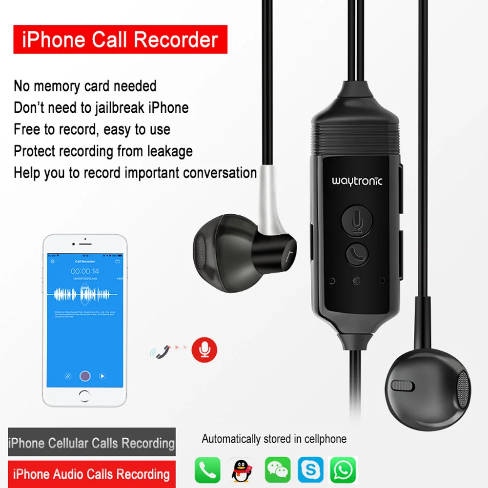 Гарнитура с диктофоном для iPhone звонков WhatsApp Skype Facebook QQ WeChat запись голоса наушники