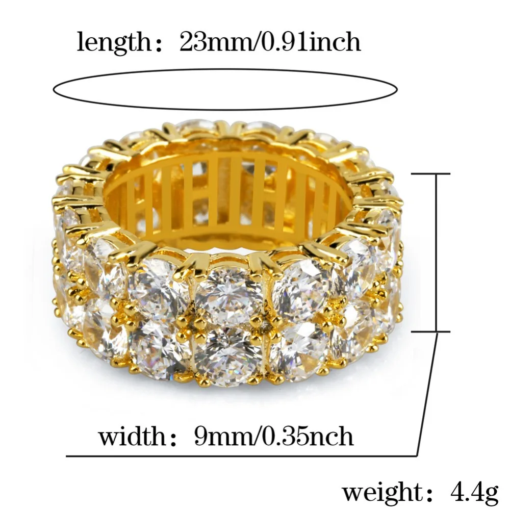 

2 Row CZ Solitaire Ring For Men/Women Gold/Silver Color Iced Out Charm Round Ring Band Classic Hip Hop Jewelry For Gifts