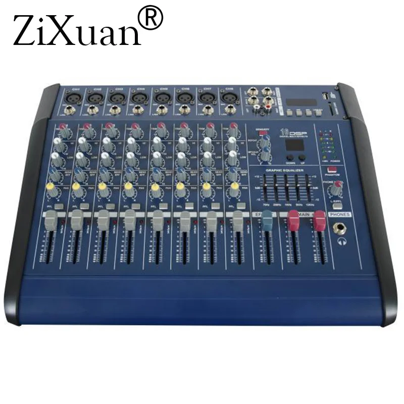 

8 Channels Digital Mic Line Audio Mixing Console Power Mixer Amplifier with 48V Phantom Power USB/ SD Slot for DJ Stage