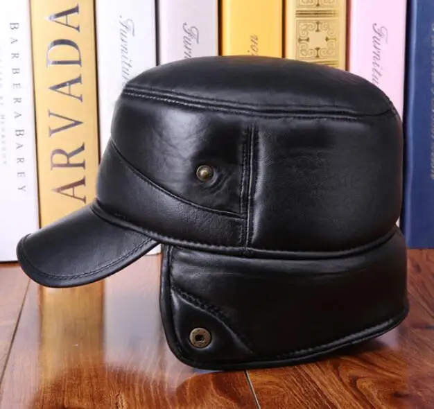 Мужская зимняя шапка 100% из овечьей кожи кепки с плоскими ушками для пожилых людей