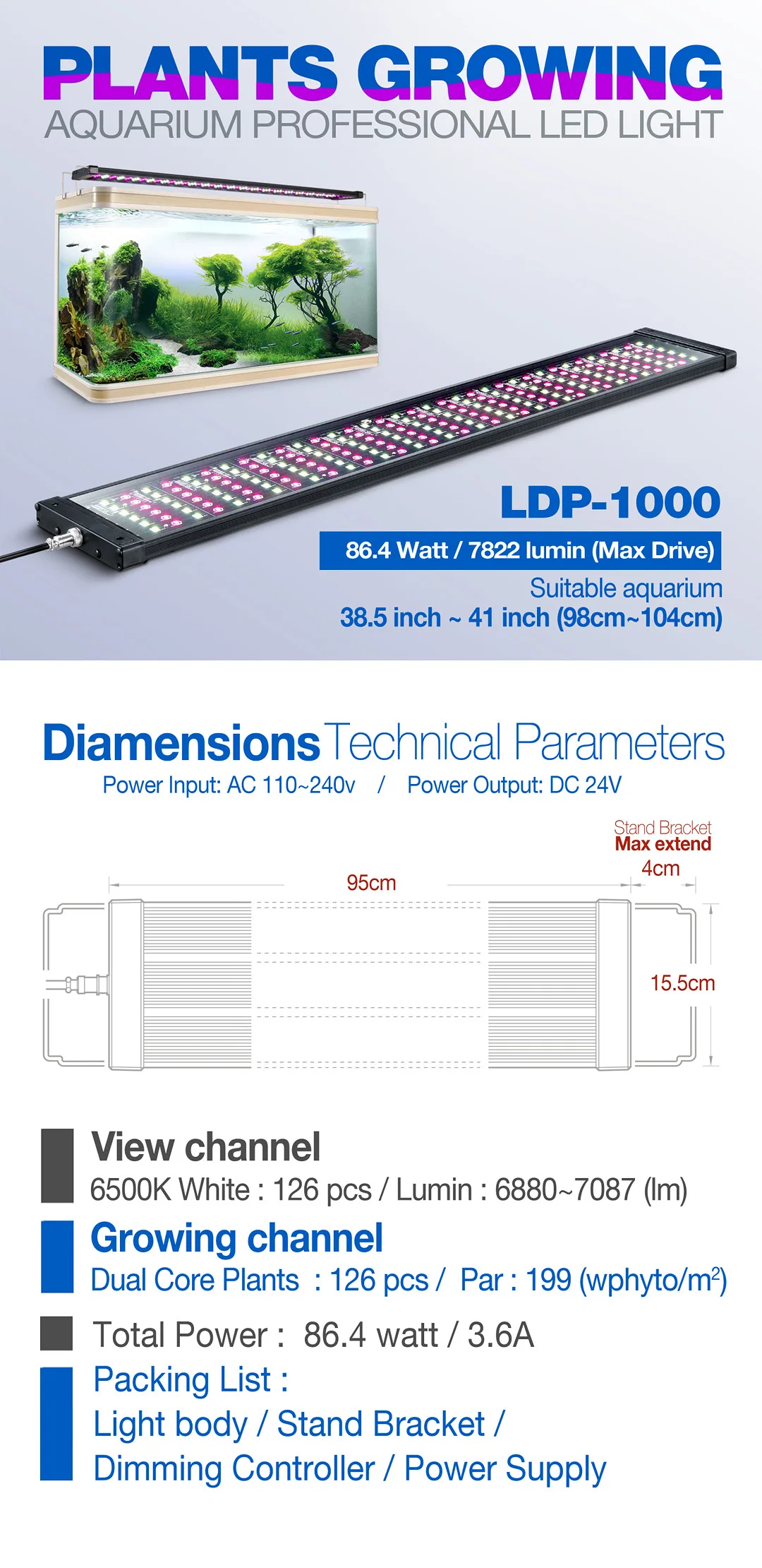 LICAH свежая вода аквариумное растение светодиодный светильник LDP-1000
