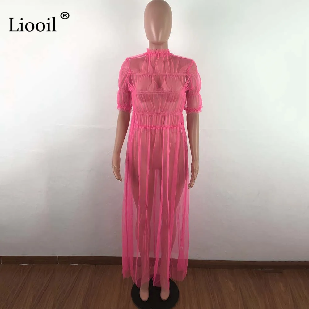 Liooil прозрачное Сетчатое сексуальное Макси платье женская одежда неоновое зеленое платье с круглым вырезом размера плюс вечерние Клубные длинные платья