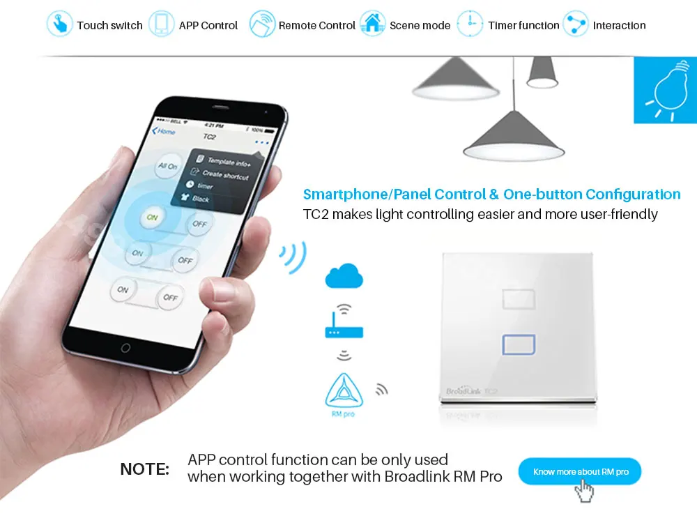 Broadlink TC2 ЕС светильник WiFi беспроводной смарт-коммутатор, Broadlink RM Mini 3, Broadlink RM Pro+, через приложение управления со смартфона