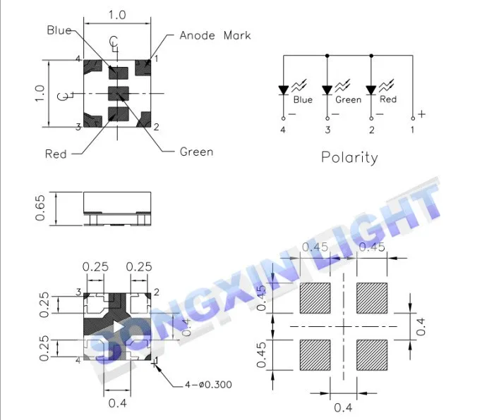 4000 шт SMT/SMD 0402 Общий Анод RGB Led XIASONGXIN свет 0404 полноцветный 1,0*1,0 мм 0402 красный/зеленый/синий