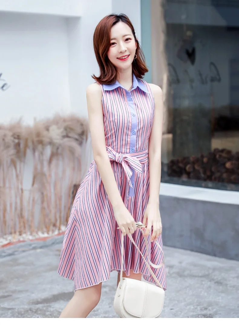 WLG family matching clothes mother and daughter striped fashion dresses summer sleeveless dress - Цвет: Розовый