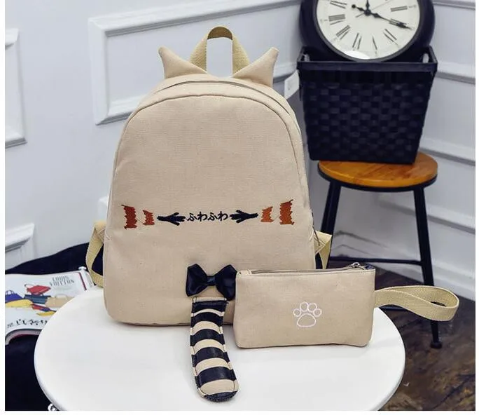 

1 piece Cute Cartoon Cat tail Women Canvas Schoolbag travel Bags For Teenager Girls College Style Backpack + 1 small small bag