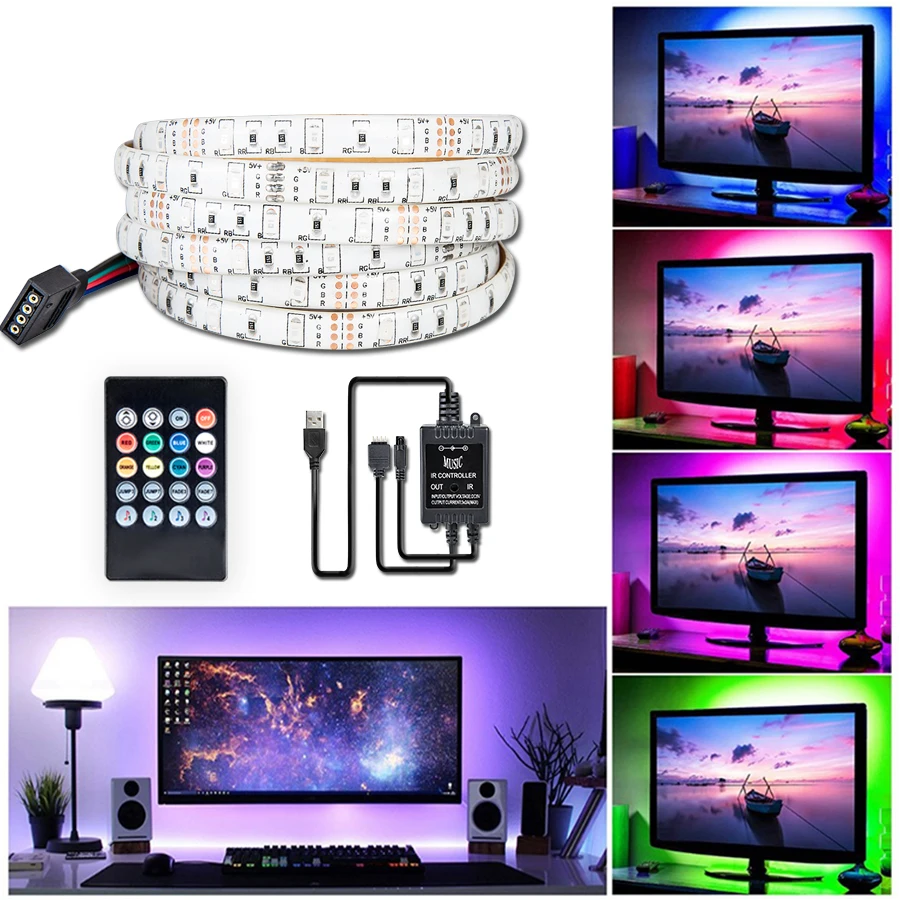 USB Светодиодная лента SMD2835 RGB лента музыкальное управление звуком с ИК-пультом IP20 IP65 музыкальная Светодиодная лента светильник ТВ черный светильник