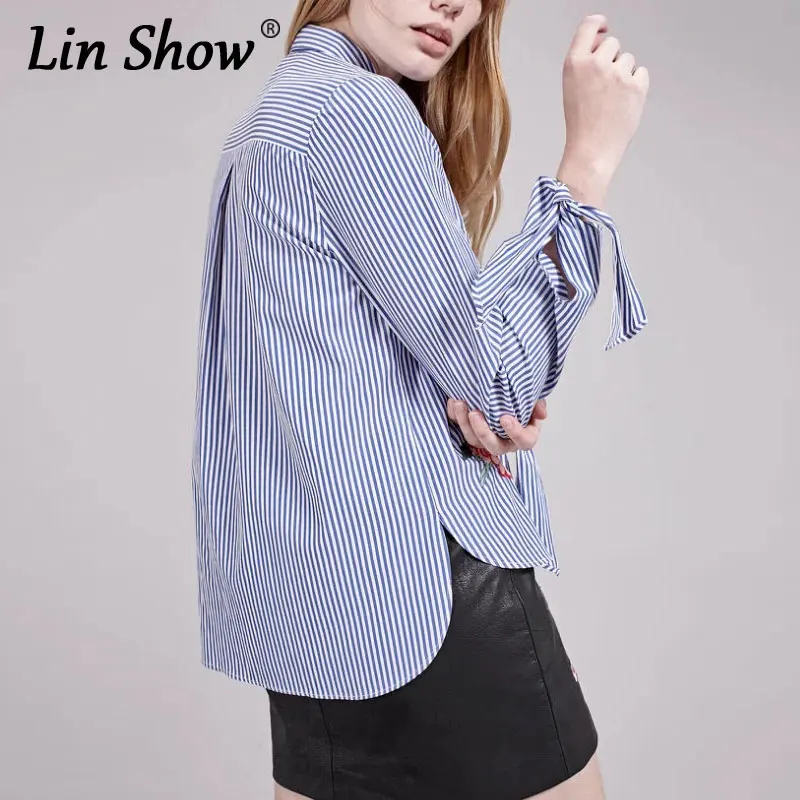LINSHOW Дизайн Лук С Длинным Рукавом в Полоску Женщины Блузки Цветочной Вышивкой