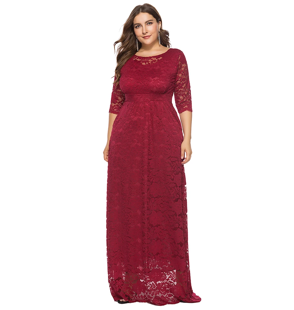 Miaoke Plus Size Red Maxi Lace Dress Women Clothing High Quality Fashion Vintage Sexy Club Party Elegant Dresses
