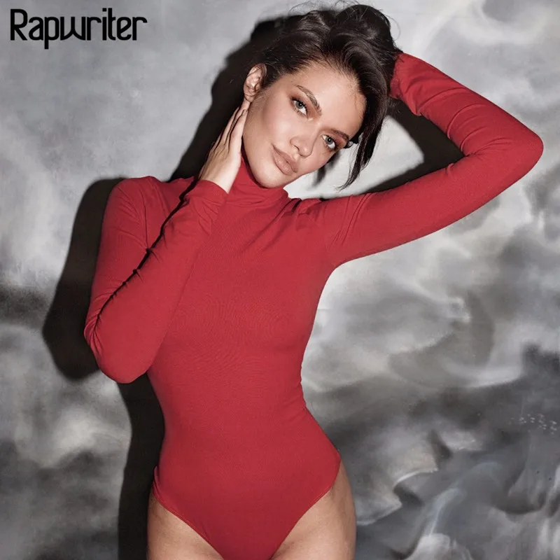 

Rapwriter Casual Solid Cotton Turtleneck Skinny Red Bodysuits Women 2020 Autumn Winter Long Sleeve Bodycon Sheer Sexy Bodysuit