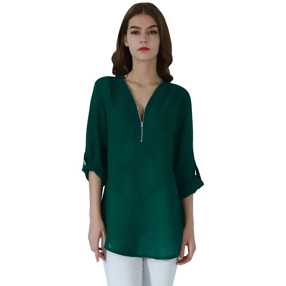 Dark Green Модная женская блузка на молнии, шифоновая блузка, офисная, повседневная, для девушек, топ, летняя Женская туника, женская рубашка с длинным рукавом, одноцветные Блузы - Цвет: Dark Green