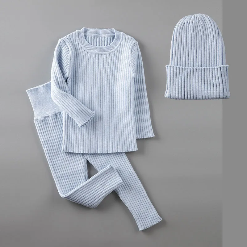 Blue 3 pieces Комплекты одежды в рубчик для новорожденных, осенне-зимние топы, вязаный свитер, джемпер, штаны, брюки, одежда для маленьких мальчиков и девочек 0, 3, 6, 9, 12 месяцев - Цвет: Blue 3 pieces