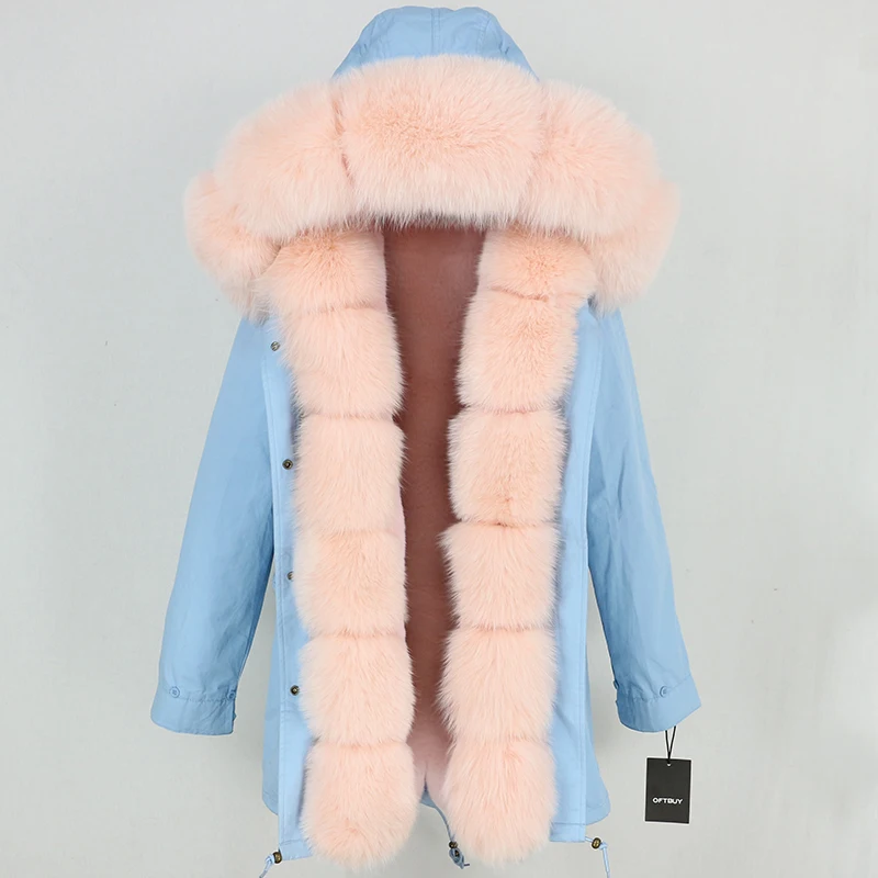 OFTBUY длинная парка с воротником из натурального Лисьего меха, пальто из натурального меха, зимняя женская куртка, Толстая теплая брендовая Роскошная Съемная уличная одежда - Цвет: light blue light pin