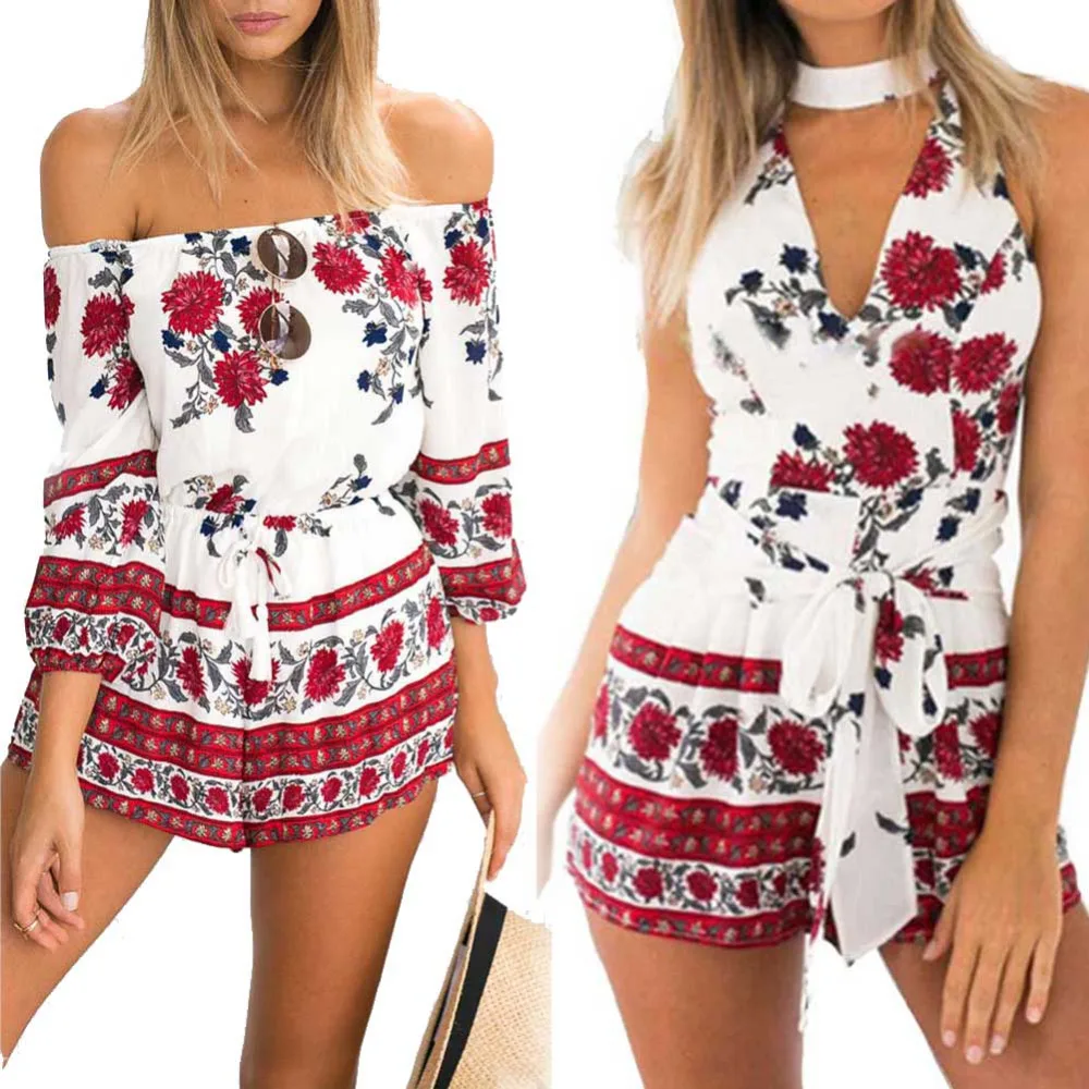 Febelle для женщин Мини Сексуальная от Shouder печати Playsuit Дамы Комбинезон летний