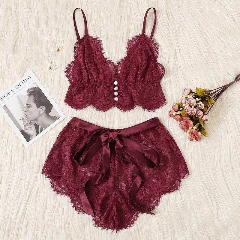 SHEIN Модная Пижама Цветочный Кружевной Комплект Женский Летний Бордовый Сексуальный Короткий Топ И Шорты Комплект Пижамы