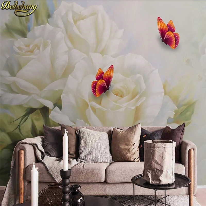 Фотообои beibehang на заказ роспись вручную красивые белые розы бабочки фон для