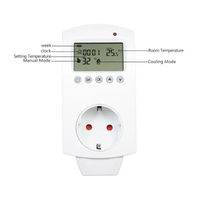 16A 230V Многофункциональный Штепсель-термостат для подключения к розетке электрическое отопление Температура контроллер ЖК-дисплей Дисплей термостат EU/UK розетки