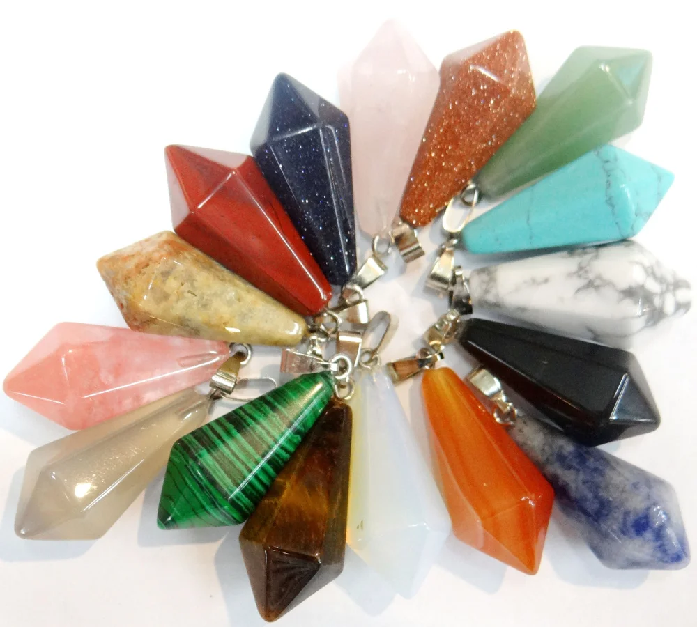 Natural Stone Quartz Crystal tiger eye Opal pendulum Hexagonal pyramid Charms pendants for diy Jewelry making necklace24pcs | Украшения и