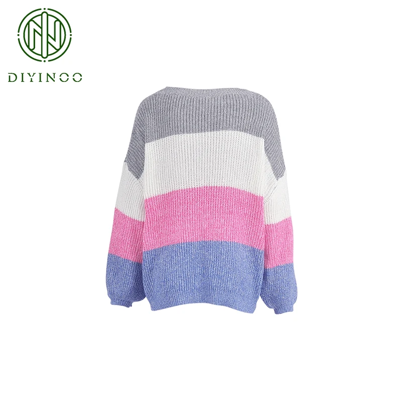 DIYINOO 2018 Autumn Winter Colorful Patchwork Long Lantern Sleeve O-Neck Knitted Pullovers OL Sweater S/M/L/XL Women's Sweaters | Женская