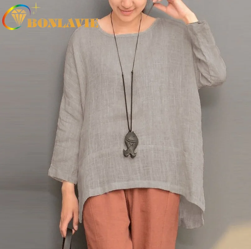 Женская хлопковая блузка с длинным рукавом Однотонная рубашка круглым вырезом