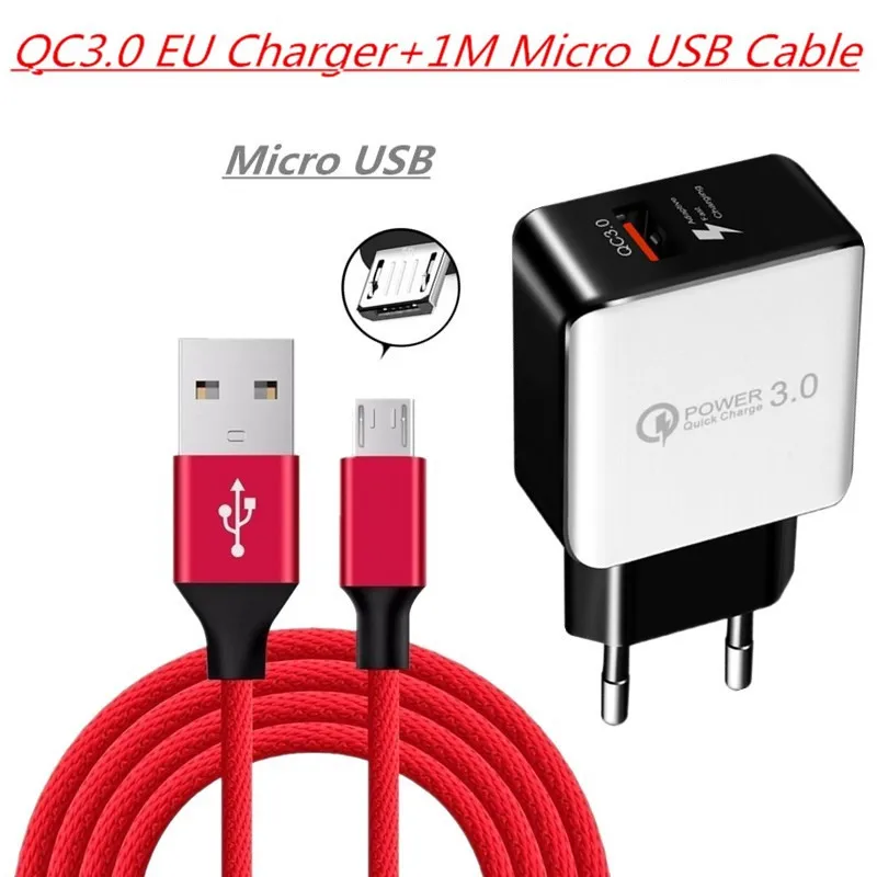 charger and cable Быстрое зарядное устройство QC 3,0, микро USB кабель для Xiaomi, samsung, huawei, honor 8C, 8X P, Smart, sony, microusb, быстрое зарядное устройство QC3.0 - Тип штекера: charger and cable