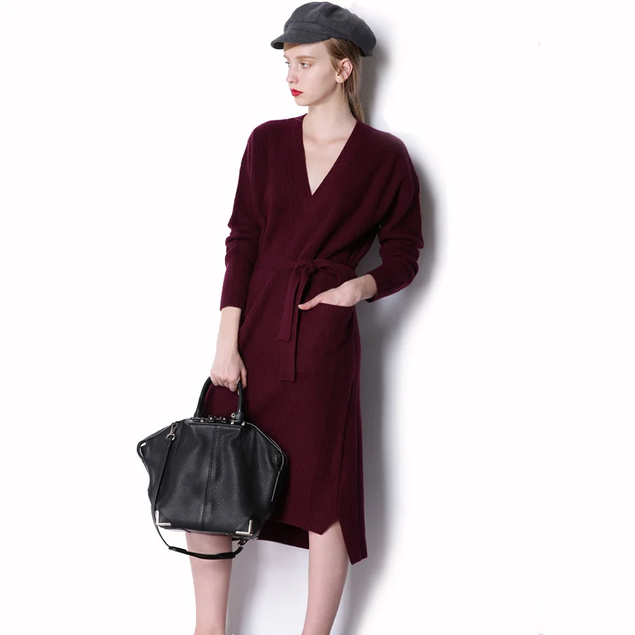 Женское кашемировое платье свитер до колен с поясом|dress vestidos|sweater dressstyle dress |