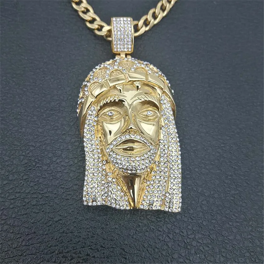 Хип-хоп Золото Цвет Нержавеющая сталь Iced Out Bling Полный Стразы Большой Иисус кусок головы подвески ожерелья для мужчин ювелирные изделия