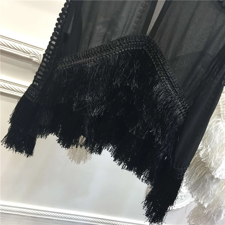 Женская шифоновая блузка с кисточками черный и белый джемпер круглым вырезом