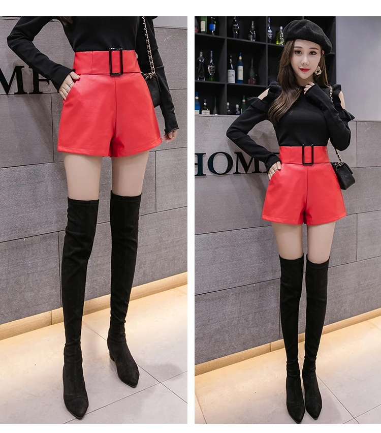 

Women black PU leather shorts belted pocket high waist short femme ladies wide leg pantalones cortos korean autumn winter shorts