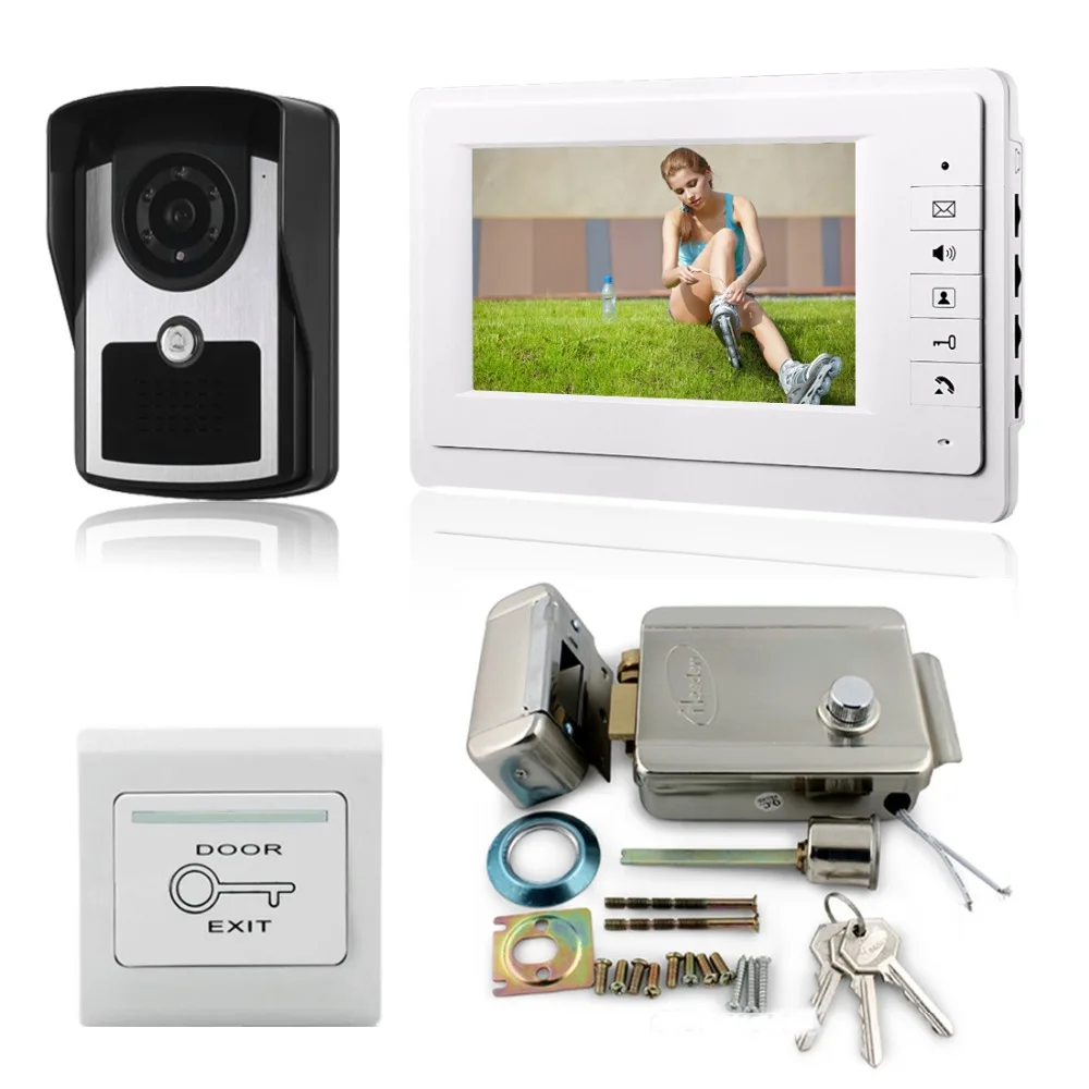 Wired 7'' TFT Color Video Doorbell Intercom Video Door Phone with Electric Lock Kit IR Night Vision Waterproof Camera