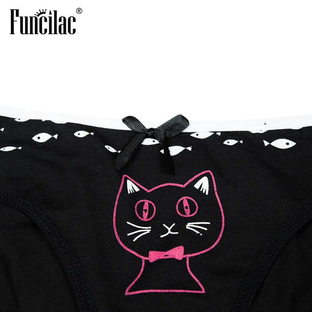 FUNCILAC нижнее белье Для женщин Kawaii с рисунком котенка Принт трусики сексуальные