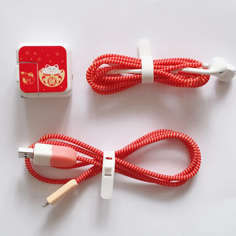 Намоточный кабель мультфильм USB протектор для кабеля передачи данных набор с наклейки для зарядного устройства спиральный usb-шнур с зарядным устройством для Iphone для ipad