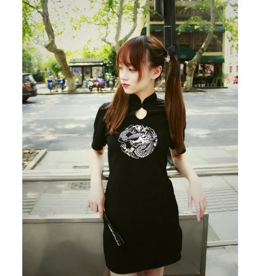 Крутой дракон вышивка черный Чонсам Рок Панк китайское винтажное платье Ципао