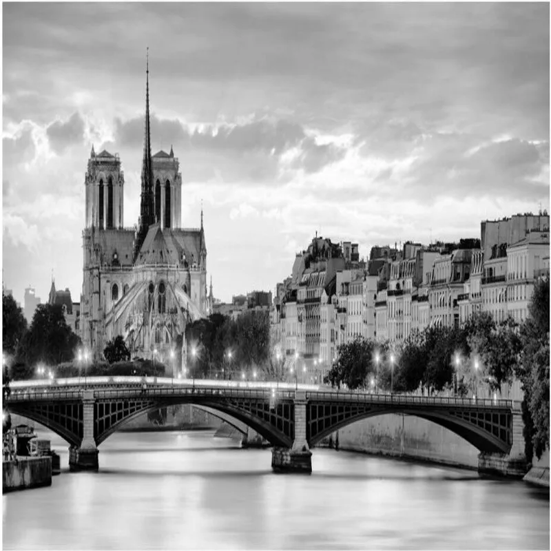 

beibehang papel de parede para quarto High Definition Black and White Paris Notre Dame Night Scene Wall Paintings