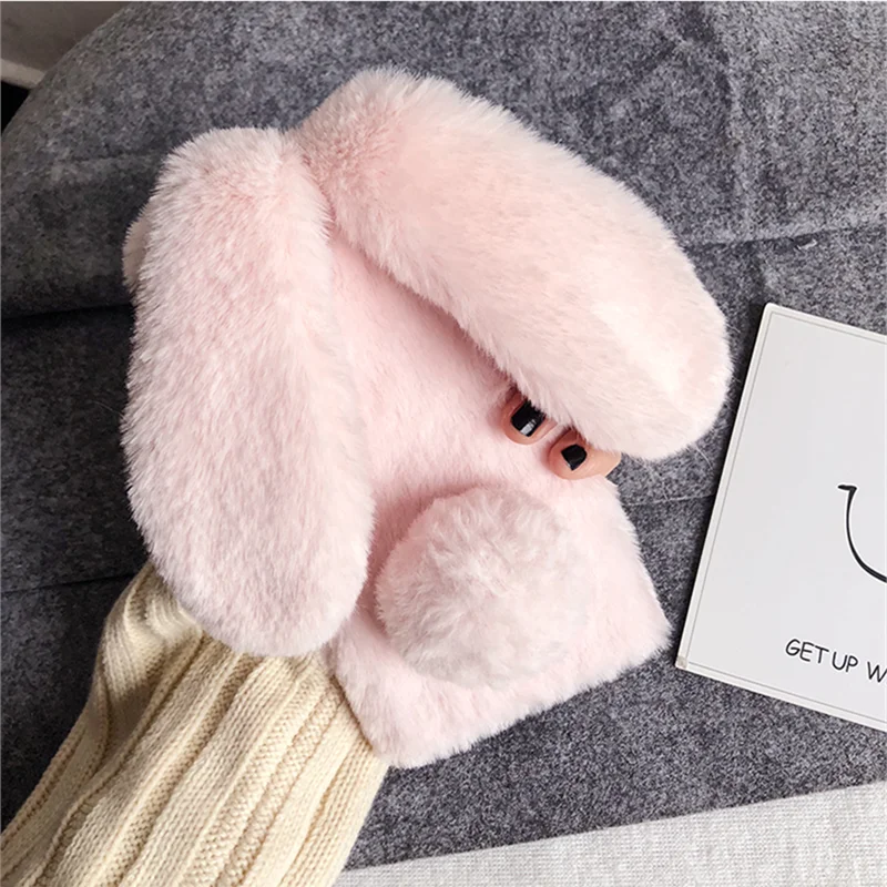 For Huawei P40 Pro Plus Lite E P30 P20 Bling Plush Bunny Phone Case Cute Fluffy Rabbit Hair Fur Cover Honor V20 20 V30 30S | Мобильные